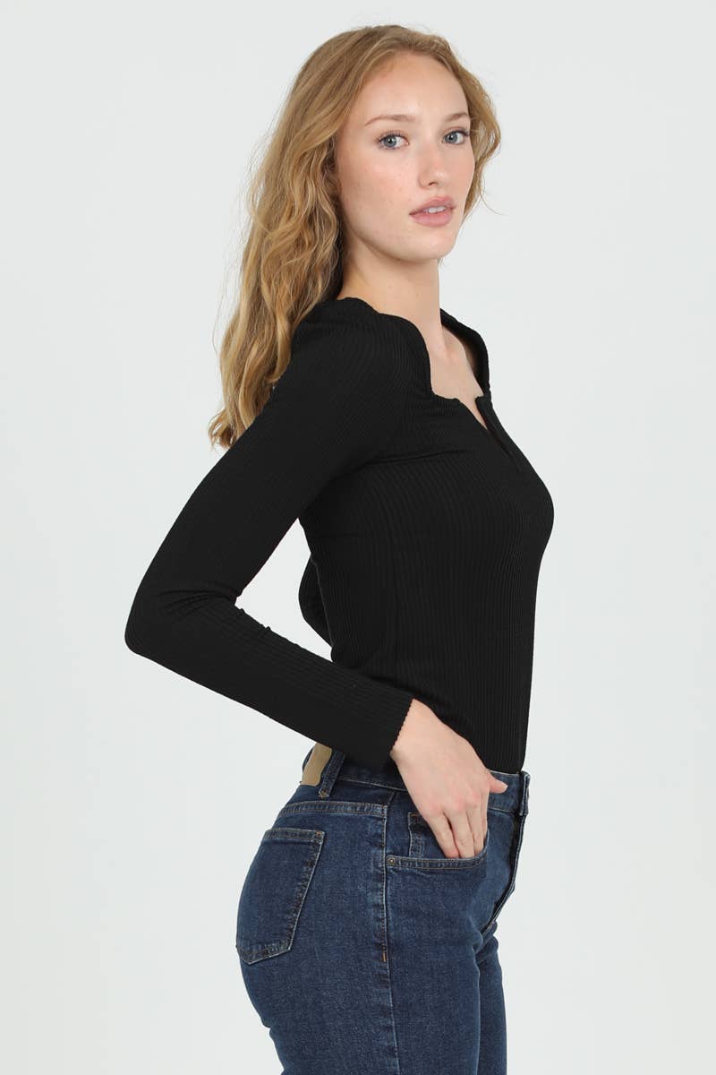 X2EA9-ASIS TEXTURED KNIT LONG SLEEVE NOTCH NECK TOP | Uptown